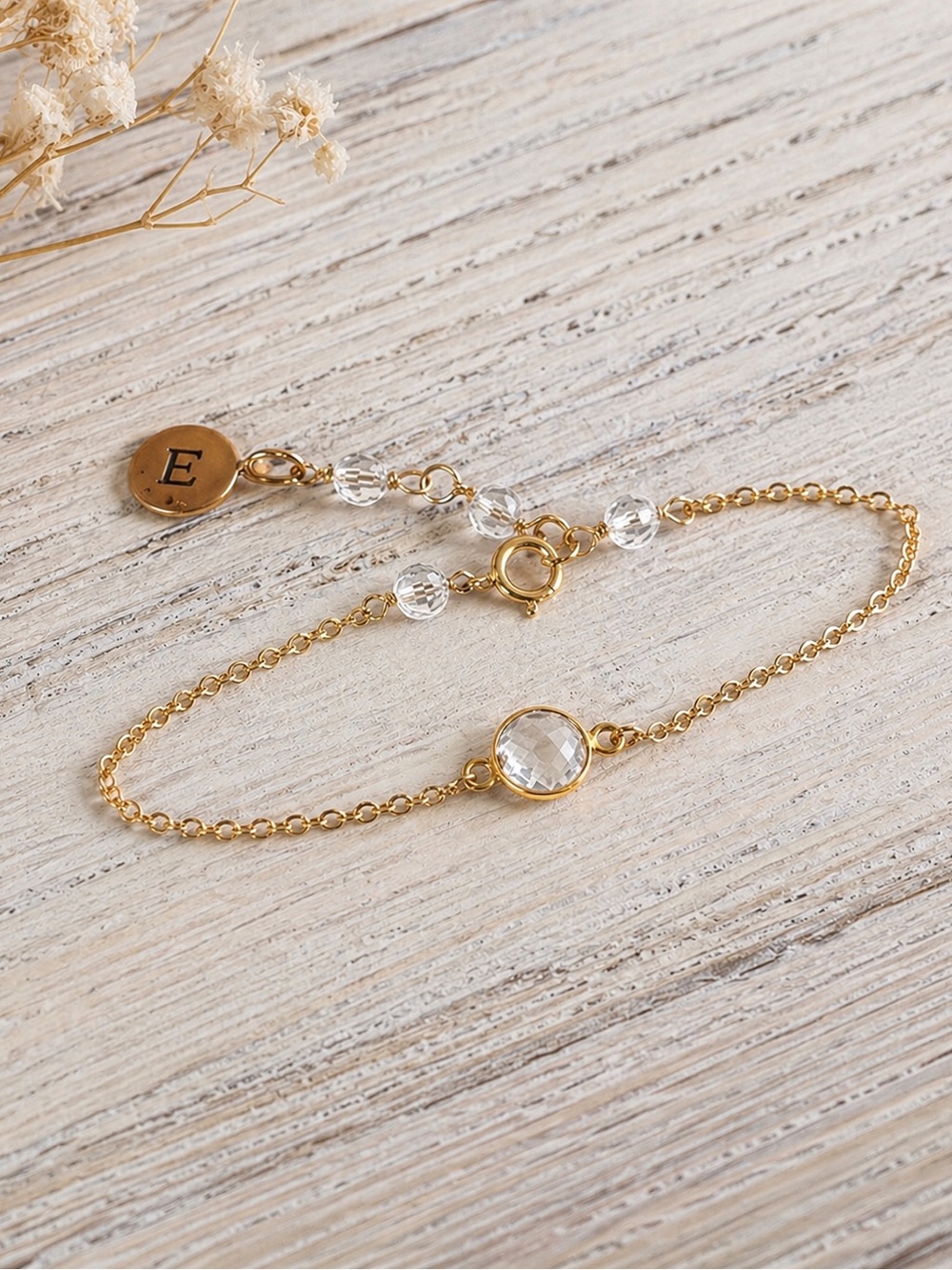 Gold Initial Crystal quartz Bracelet - Elegant Gold Chain- customizable